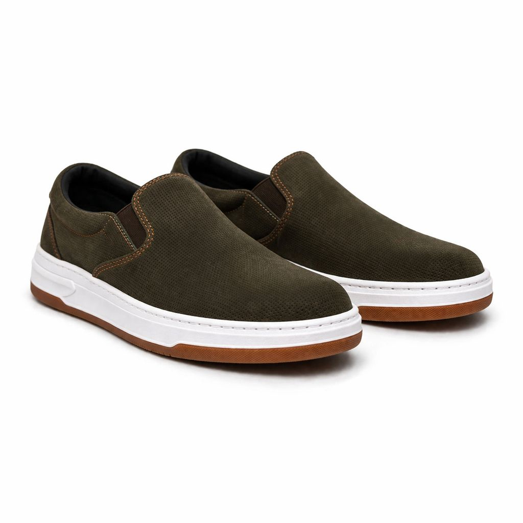 Mens Olive Perforated Slip On Loafers